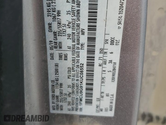2019 Ford Escape SE with VIN 1FMCU9G91KUC08552, listed as a Copart auction lot 50884505 with 134,644 mi miles and Salvage Title. Bid and sale history available at carsss.com. Image 13.