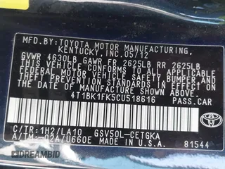 2012 Toyota Camry SE with VIN 4T1BK1FK5CU518616, listed as a IAAI auction lot 41981676 with 116,845 mi miles. Bid and sale history available at carsss.com. Image 9.