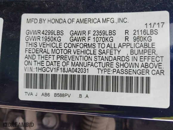 2018 Honda Accord Sedan LX 1.5T with VIN 1HGCV1F18JA042031, listed as a IAAI auction lot 41828316 with 130,864 mi miles. Bid and sale history available at carsss.com. Image 9.