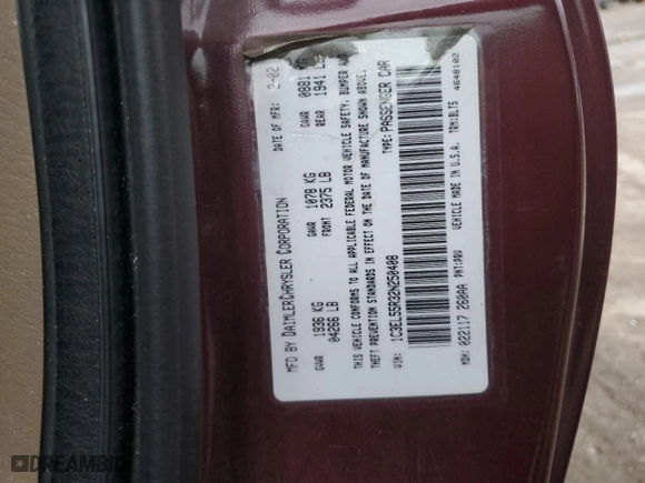 2002 Chrysler Sebring LXi with VIN 1C3EL55R32N250408, listed as a Copart auction lot 86005624 with 110,238 mi miles and Salvage Title. Bid and sale history available at carsss.com. Image 12.