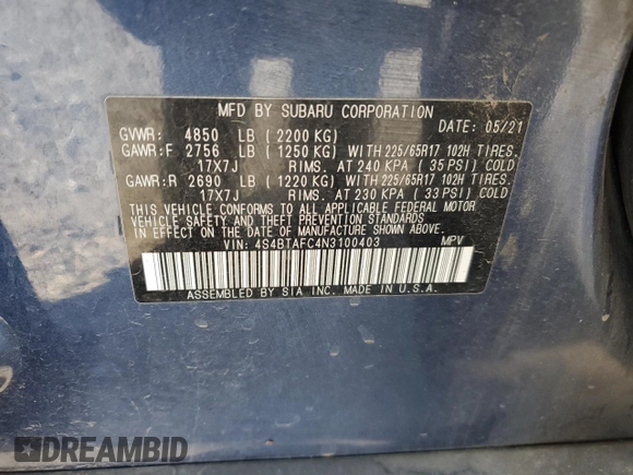 2022 Subaru Outback Premium with VIN 4S4BTAFC4N3100403, listed as a Copart auction lot 59160645 with 93,846 mi miles and Salvage title. Bid and sale history available at DreamBid. Image 13.