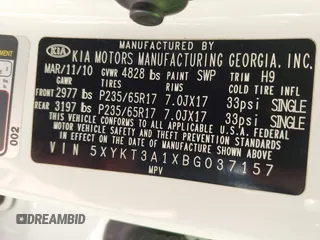 2011 Kia Sorento LX with VIN 5XYKT3A1XBG037157, listed as a IAAI auction lot 42041481 with 196,151 mi miles and . Bid and sale history available at DreamBid. Image 9.
