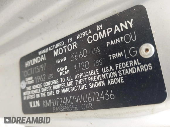 1998 Hyundai Elantra with VIN KMHJF24M7WU672436, listed as a IAAI auction lot 41763627 with 114,288 mi miles and . Bid and sale history available at DreamBid. Image 9.