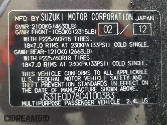 2012 Suzuki Grand Vitara Limited z VIN JS3TE0D78C4100383, wystawiony jako Copart lot #49240925 z przebiegiem 175 570 mil mil oraz Czysty tytuł • Clean title. Historia ofert i sprzedaży dostępna na DreamBid. Obrazek 13.