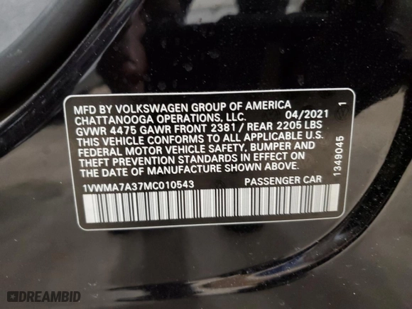 2021 Volkswagen Passat 2.0T R-Line with VIN 1VWMA7A37MC010543, listed as a Copart auction lot 88453995 with 31,692 mi miles and Non Repairable. Bid and sale history available at carsss.com. Image 12.