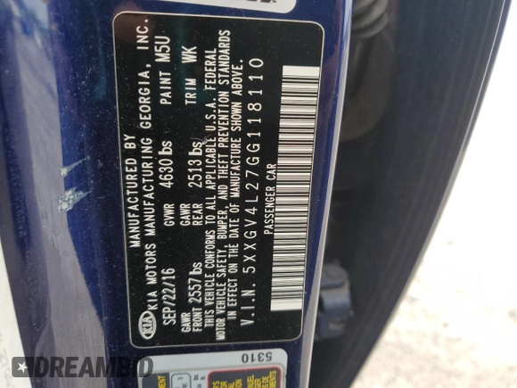2016 Kia Optima SXL Turbo with VIN 5XXGV4L27GG118110, listed as a Copart auction lot 60284355 with 91,913 mi miles and Salvage title. Bid and sale history available at DreamBid. Image 12.