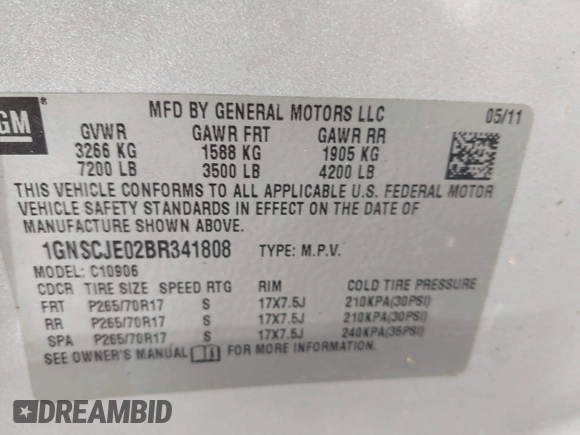 2011 Chevrolet Suburban LT с VIN 1GNSCJE02BR341808, выставлен на аукционе IAAI как лот 42394173 с пробегом 192 172 миль миль и . История ставок и продаж доступна на DreamBid. Изображение 9.