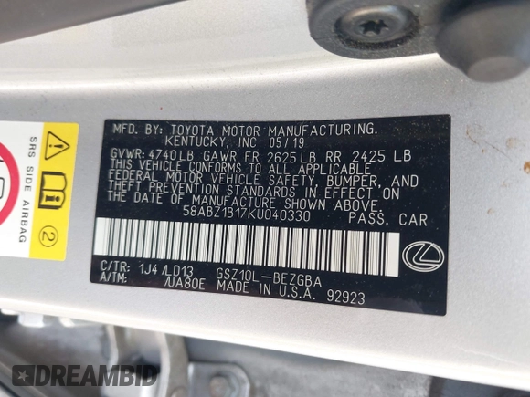 2019 Lexus ES 350 with VIN 58ABZ1B17KU040330, listed as a IAAI auction lot 42448444 with 86,126 mi miles and . Bid and sale history available at DreamBid. Image 9.