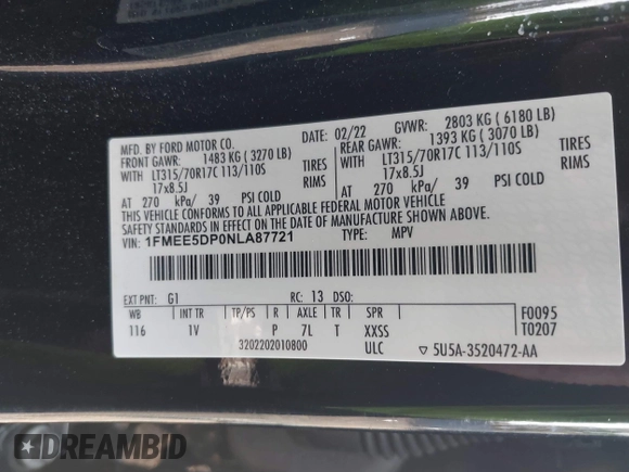 2022 Ford Bronco with VIN 1FMEE5DP0NLA87721, listed as a IAAI auction lot 40968618 with 45,693 mi miles. Bid and sale history available at carsss.com. Image 9.
