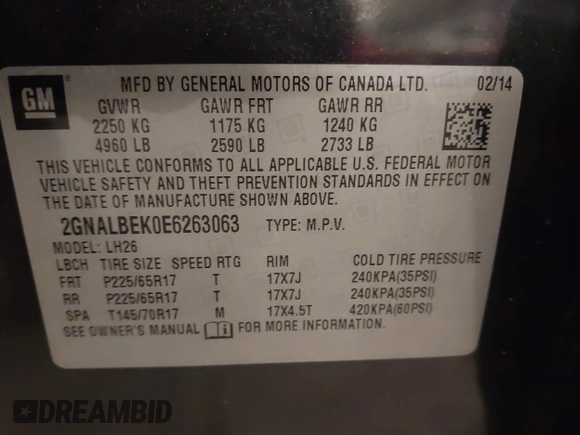 2014 Chevrolet Equinox LT with VIN 2GNALBEK0E6263063, listed as a IAAI auction lot 41822311 with 130,615 mi miles. Bid and sale history available at carsss.com. Image 9.