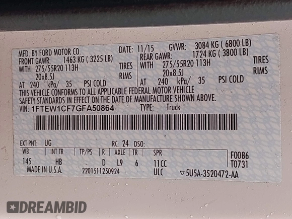 2016 Ford F-150 XL with VIN 1FTEW1CF7GFA50864, listed as a IAAI auction lot 41578834 with 417,016 mi miles and . Bid and sale history available at DreamBid. Image 9.
