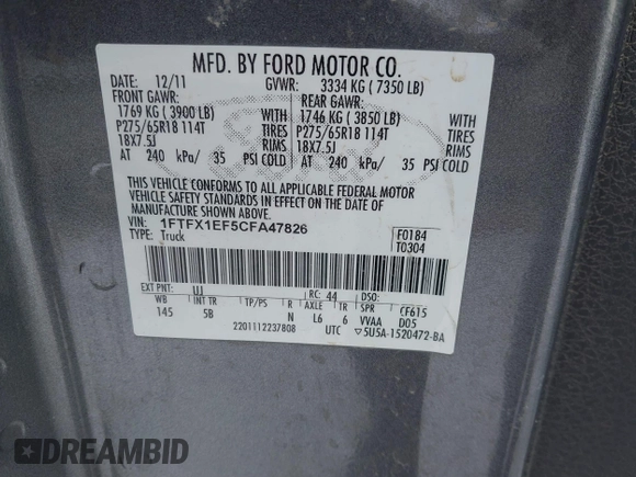 2012 Ford F-150 XL with VIN 1FTFX1EF5CFA47826, listed as a IAAI auction lot 41416177 with 116,988 mi miles. Bid and sale history available at carsss.com. Image 9.