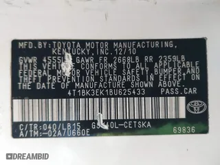 2011 Toyota Camry LE with VIN 4T1BK3EK1BU625433, listed as a IAAI auction lot 41610628 with 216,926 mi miles. Bid and sale history available at carsss.com. Image 9.