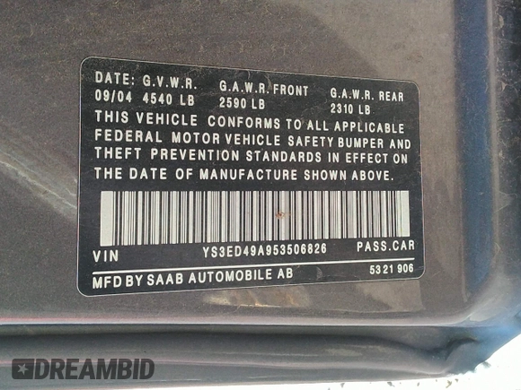 2005 Saab 9-5 Arc with VIN YS3ED49A953506826, listed as a IAAI auction lot 41658824 with 233,824 mi miles. Bid and sale history available at carsss.com. Image 9.