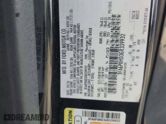 2016 Ford Fusion SE with VIN 3FA6P0HD3GR339932, listed as a Copart auction lot 57996755 with 136,120 mi miles and Non repairable. Bid and sale history available at DreamBid. Image 12.