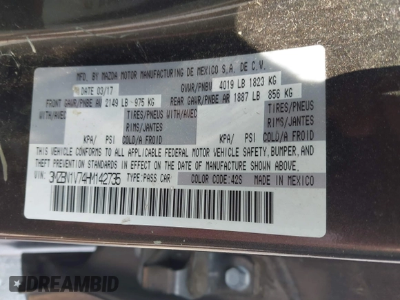2017 Mazda 3 Touring with VIN 3MZBN1V74HM142735, listed as a IAAI auction lot 42395462 with 137,543 mi miles and . Bid and sale history available at DreamBid. Image 9.