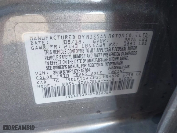 2019 Nissan Sentra S with VIN 3N1AB7AP4KY218764, listed as a IAAI auction lot 41444766 with 77,518 mi miles. Bid and sale history available at carsss.com. Image 9.