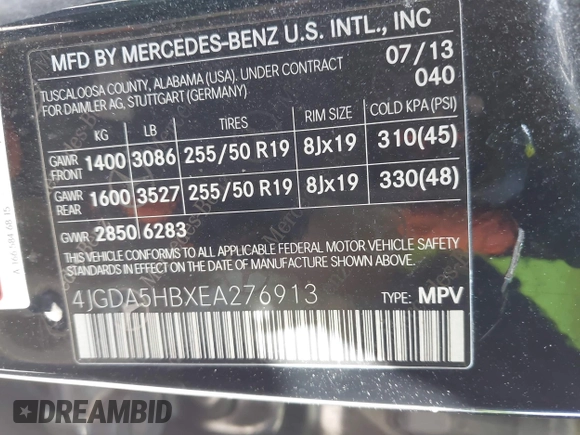 2014 Mercedes-Benz M 350 with VIN 4JGDA5HBXEA276913, listed as a IAAI auction lot 42254217 with 335,415 mi miles and . Bid and sale history available at DreamBid. Image 9.