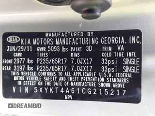 2012 Kia Sorento LX with VIN 5XYKT4A61CG215217, listed as a IAAI auction lot 42103645 with 200,758 mi miles. Bid and sale history available at carsss.com. Image 9.