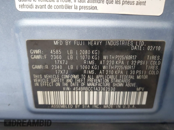 2010 Subaru Outback Premium All-Weather Anniversary with VIN 4S4BRBCC1A3362530, listed as a IAAI auction lot 42654536 with 220,021 mi miles and . Bid and sale history available at DreamBid. Image 9.