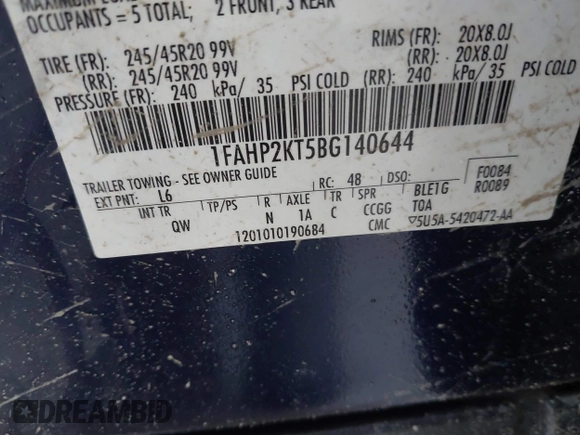 2011 Ford Taurus SHO with VIN 1FAHP2KT5BG140644, listed as a IAAI auction lot 41686481 with 351,294 mi miles and . Bid and sale history available at DreamBid. Image 9.
