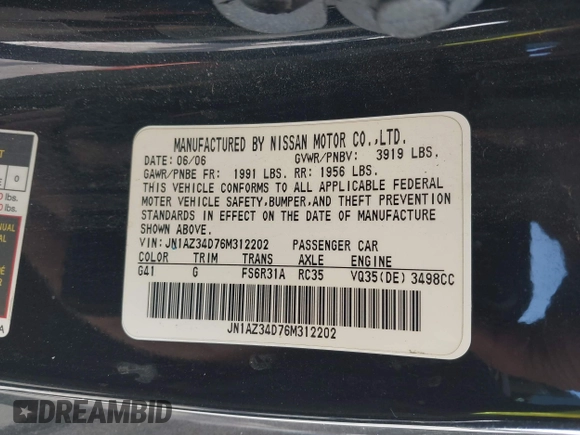 2006 Nissan 350Z Grand Touring with VIN JN1AZ34D76M312202, listed as a IAAI auction lot 38335047 with 113,906 mi miles. Bid and sale history available at carsss.com. Image 9.