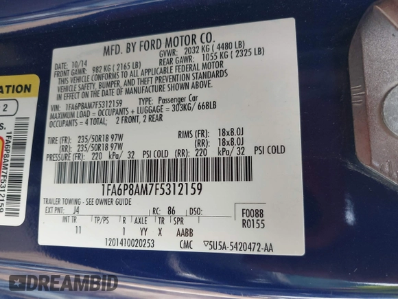 2015 Ford Mustang V6 with VIN 1FA6P8AM7F5312159, listed as a IAAI auction lot 42095665 with 113,693 mi miles and . Bid and sale history available at DreamBid. Image 9.