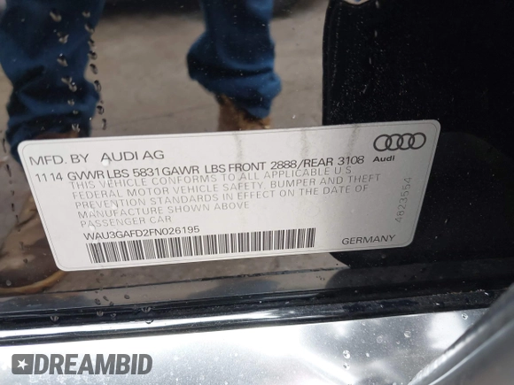 2015 Audi A8 3.0T with VIN WAU3GAFD2FN026195, listed as a IAAI auction lot 42203252 with 146,908 mi miles and . Bid and sale history available at DreamBid. Image 9.