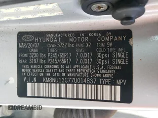 2007 Hyundai Veracruz GLS with VIN KM8NU13C77U014837, listed as a Copart auction lot 58944245 with 184,140 mi miles and Salvage title. Bid and sale history available at DreamBid. Image 13.