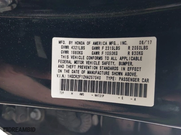 2017 Honda Accord Sedan Sport SE with VIN 1HGCR2F12HA257540, listed as a IAAI auction lot 41506013 with 143,578 mi miles. Bid and sale history available at carsss.com. Image 9.