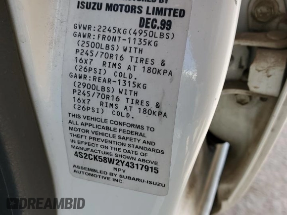 2000 Isuzu Rodeo S z VIN 4S2CK58W2Y4317915, wystawiony jako Copart lot #81780094 z przebiegiem 158 217 mil mil oraz Szkoda całkowita • Salvage title. Historia ofert i sprzedaży dostępna na DreamBid. Obrazek 14.