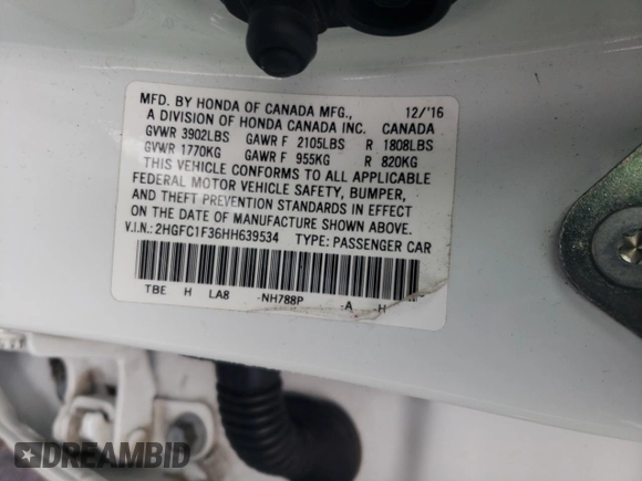 2017 Honda Civic Sedan EX-T with VIN 2HGFC1F36HH639534, listed as a Copart auction lot 86402534 with 0 mi miles and Salvage Title. Bid and sale history available at carsss.com. Image 12.