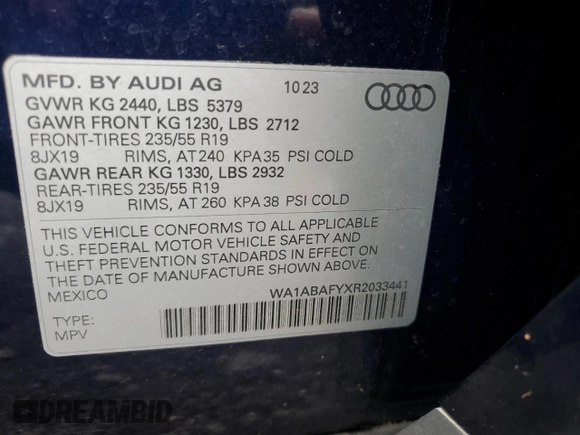 2024 Audi Q5 Premium with VIN WA1ABAFYXR2033441, listed as a Copart auction lot 72028114 with 4,223 mi miles and Salvage Title. Bid and sale history available at carsss.com. Image 14.