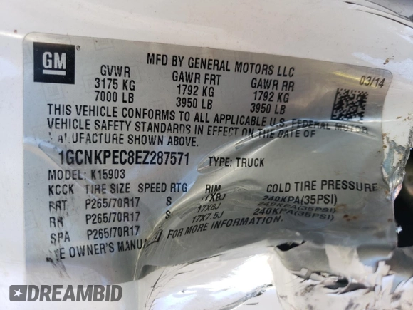 2014 Chevrolet Silverado 1500 Work Truck with VIN 1GCNKPEC8EZ287571, listed as a Copart auction lot 88300205 with Not Provided miles and Salvage Title. Bid and sale history available at DreamBid. Image 12.