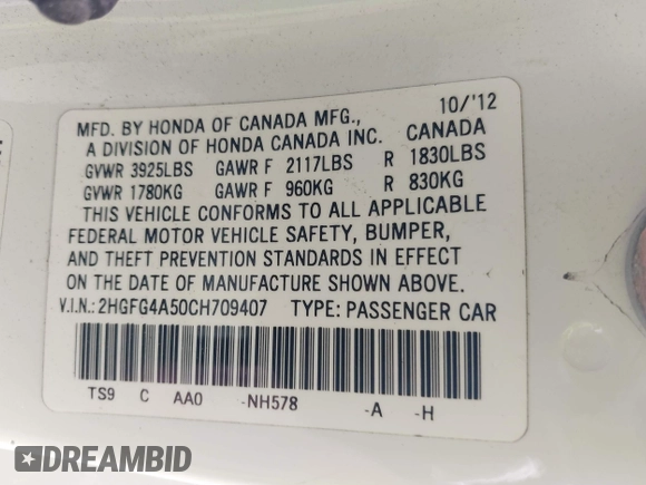 2012 Honda Civic Si with VIN 2HGFG4A50CH709407, listed as a IAAI auction lot 42639023 with 142,276 mi miles and . Bid and sale history available at DreamBid. Image 9.