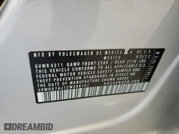 2012 Volkswagen Jetta SE with VIN 3VWDX7AJ1CM389131, listed as a Copart auction lot 64947474 with 140,331 mi miles and Salvage title. Bid and sale history available at DreamBid. Image 14.
