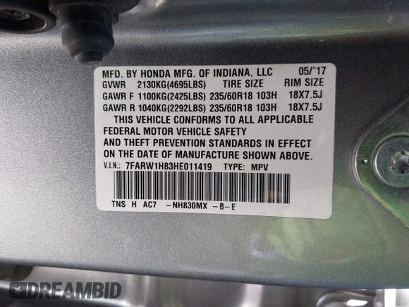 2017 Honda CR-V EX-L with VIN 7FARW1H83HE011419, listed as a IAAI auction lot 42084516 with 82,271 mi miles. Bid and sale history available at carsss.com. Image 9.