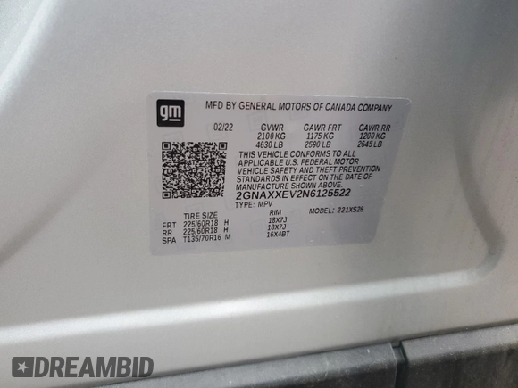 2022 Chevrolet Equinox Premier z VIN 2GNAXXEV2N6125522, wystawiony jako Copart lot #57953625 z przebiegiem 91 865 mil mil oraz Czysty tytuł • Clean title. Historia ofert i sprzedaży dostępna na DreamBid. Obrazek 14.