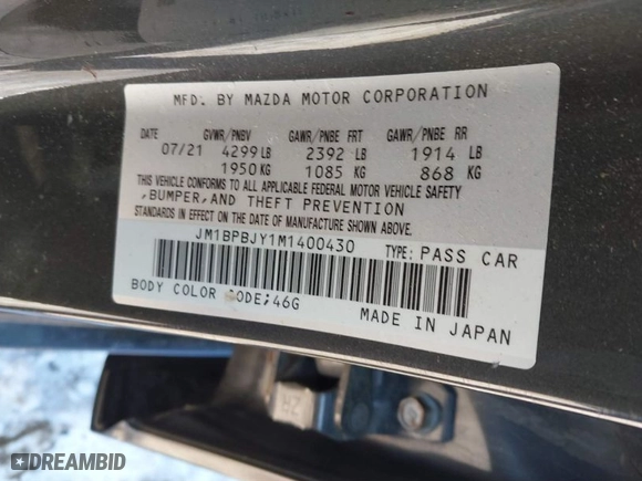 2021 Mazda Mazda3 Hatchback 2.5 Turbo with VIN JM1BPBJY1M1400430, listed as a IAAI auction lot 41399774 with 30,981 mi miles. Bid and sale history available at carsss.com. Image 9.