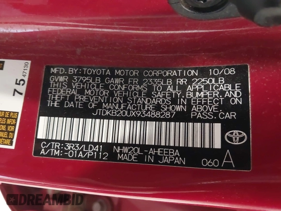 2009 Toyota Prius with VIN JTDKB20UX93488287, listed as a IAAI auction lot 40614044 with Not Provided miles. Bid and sale history available at carsss.com. Image 9.