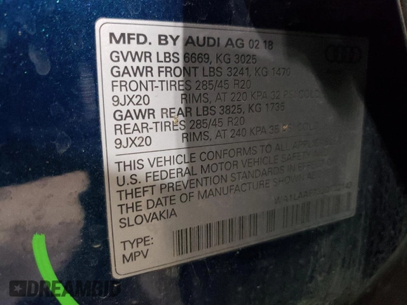 2018 Audi Q7 Premium Plus with VIN WA1LAAF73JD032143, listed as a Copart auction lot 57399785 with 97,893 mi miles and Salvage title. Bid and sale history available at DreamBid. Image 14.