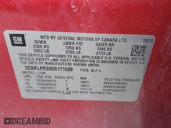 2013 Chevrolet Equinox LT with VIN 2GNFLPE39D6171508, listed as a Copart auction lot 83940964 with 237,305 mi miles and Salvage Title. Bid and sale history available at DreamBid. Image 13.