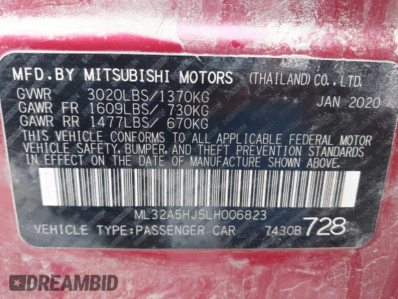2020 Mitsubishi Mirage LE with VIN ML32A5HJ5LH006823, listed as a IAAI auction lot 41617987 with 186,848 mi miles and . Bid and sale history available at DreamBid. Image 9.