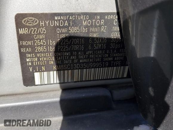 2005 Hyundai Santa Fe GLS with VIN KM8SC13D35U999519, listed as a Copart auction lot 81822914 with 211,766 mi miles and Salvage Title. Bid and sale history available at carsss.com. Image 13.
