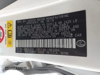 2019 Lexus ES 350 with VIN 58ABZ1B10KU004138, listed as a IAAI auction lot 41859979 with 52,971 mi miles and . Bid and sale history available at DreamBid. Image 9.