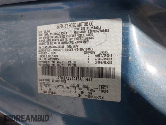 2001 Ford Windstar SE с VIN 2FMZA52401BA11481, выставлен на аукционе IAAI как лот 41439411 с пробегом 260 036 миль миль и . История ставок и продаж доступна на DreamBid. Изображение 9.
