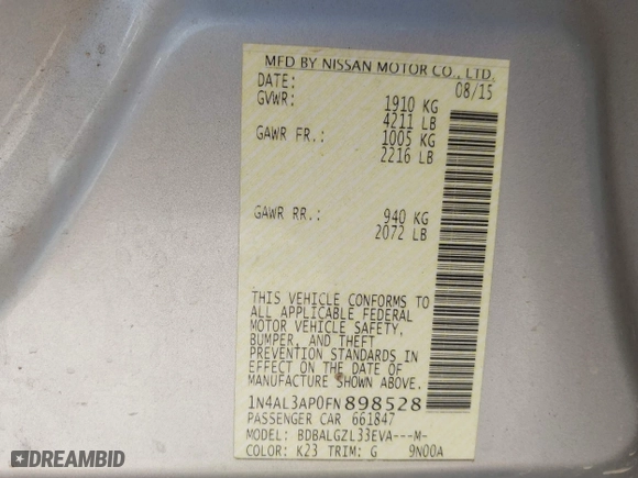 2015 Nissan Altima 2.5 with VIN 1N4AL3AP0FN898528, listed as a IAAI auction lot 41452427 with 159,192 mi miles. Bid and sale history available at carsss.com. Image 9.