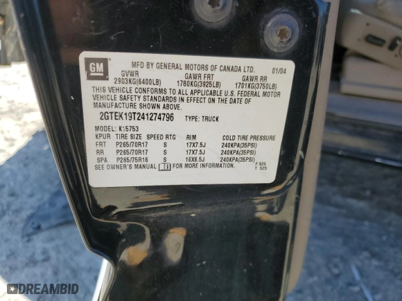 2004 GMC Sierra 1500 SLT with VIN 2GTEK19T241274796, listed as a Copart auction lot 48569795 with 337,179 mi miles and Salvage Title. Bid and sale history available at carsss.com. Image 12.