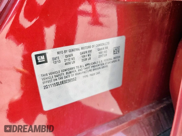2014 Chevrolet Impala LT with VIN 2G1115SL6E9236552, listed as a Copart auction lot 62386885 with Not provided miles and Clean title. Bid and sale history available at DreamBid. Image 12.