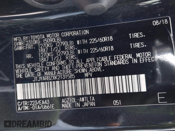 2019 Lexus NX 300 with VIN JTJYARBZXK2131585, listed as a IAAI auction lot 42358441 with 88,804 mi miles and . Bid and sale history available at DreamBid. Image 9.